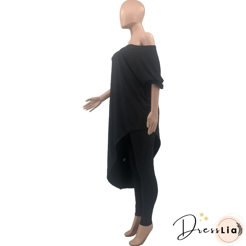 Plus Size Summer Clothes Solid Color Half Sleeve Slant Shoulder Loose Long T Shirt Top Pants 2 Piece Set