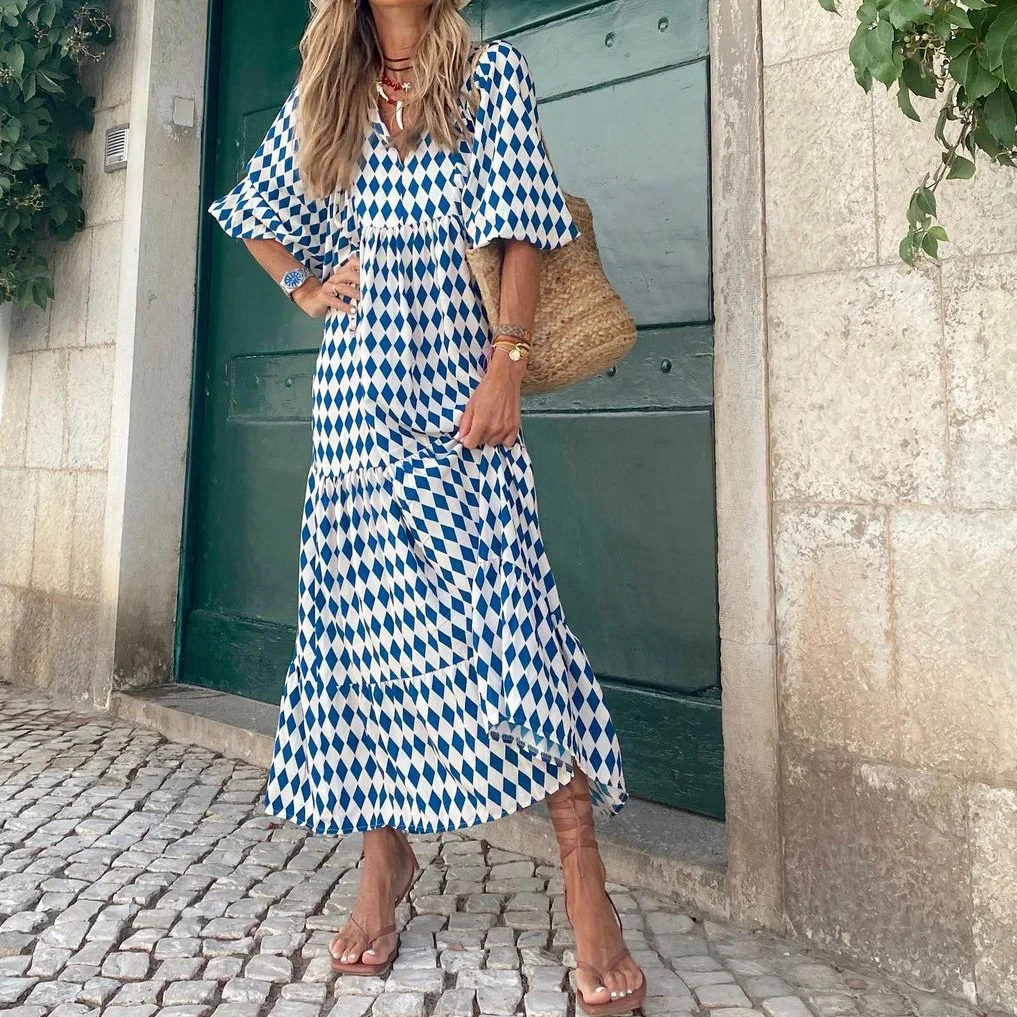 Geometric Print V-Neck Puff Sleeve Maxi Dresses