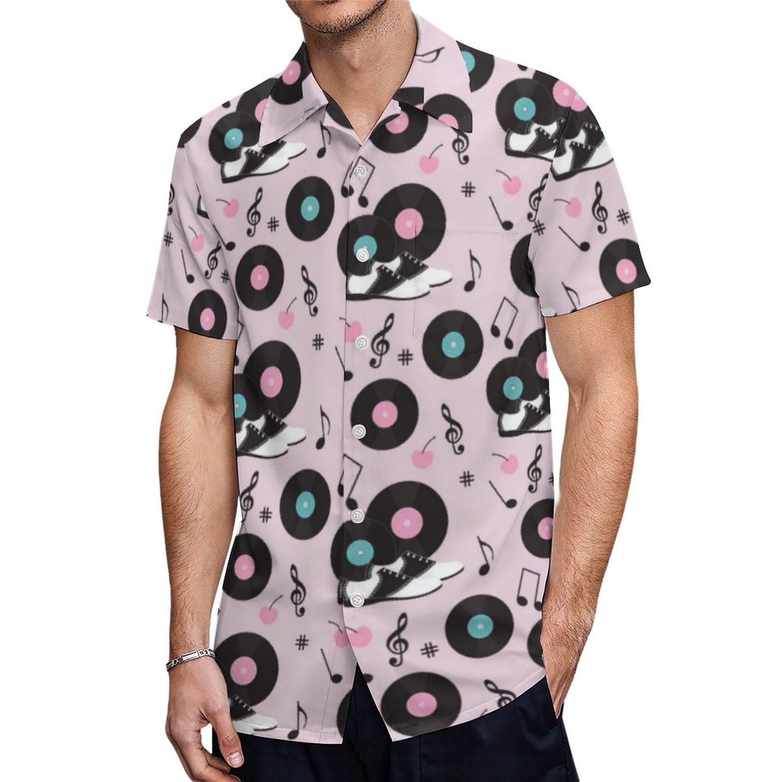 80S Disco Retro Pink Vinyl Records Hawaiian Shirt Mens Button Down Plus Size Tropical Hawaii Beach Shirts