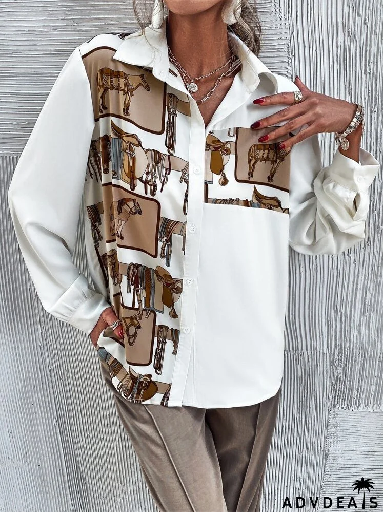 Button Front Horse Print Blouse