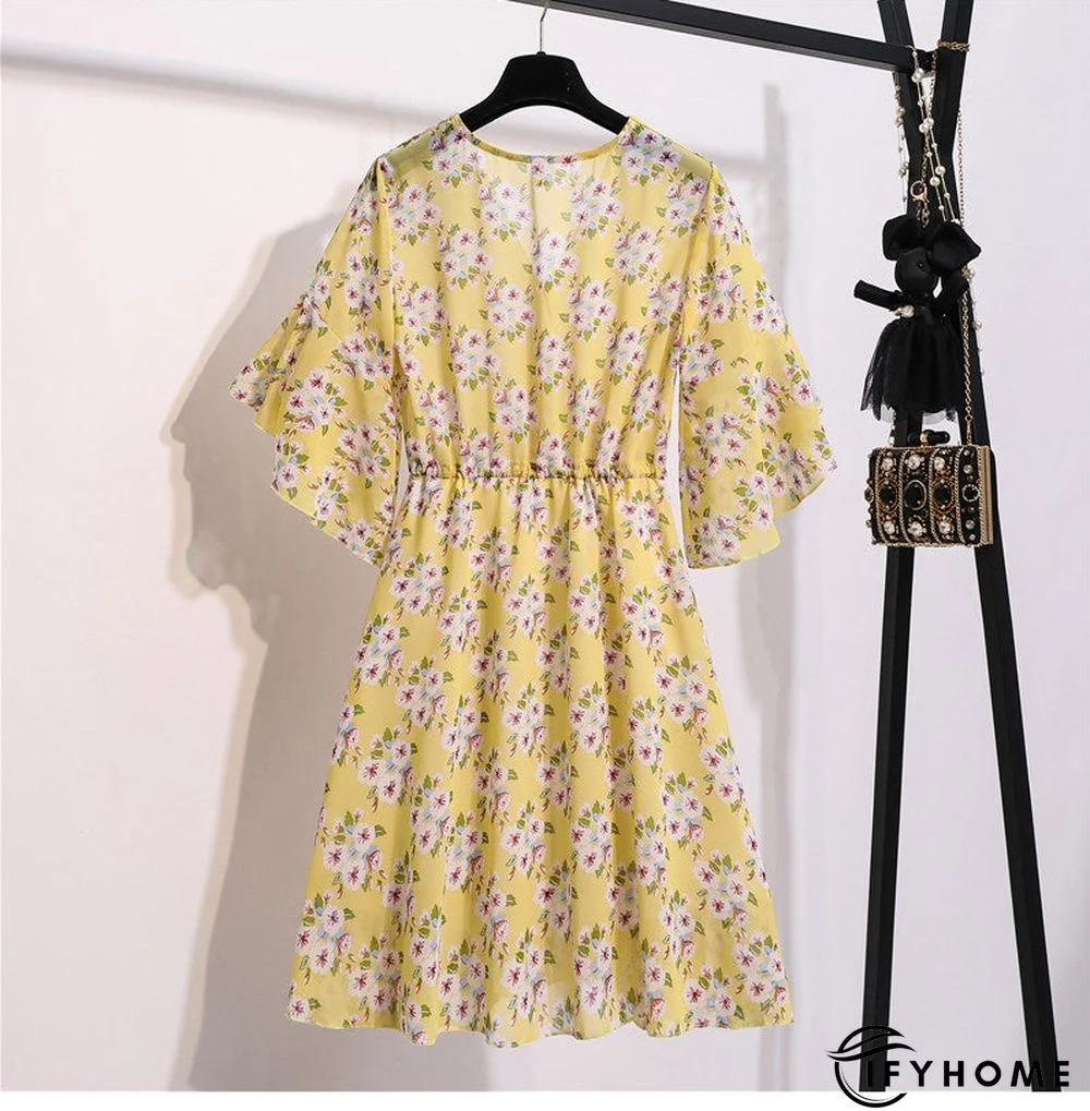 Spring Summer Chiffon Women V-Neck Floral Print Short Dresses Sweet Ruffle Sleeeve Slim Drawstring Ladies Dress | IFYHOME