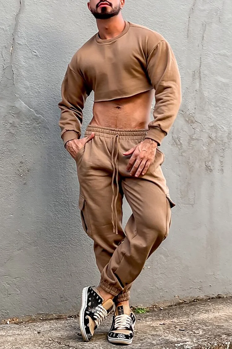 Casual Black Crop Top Cargo Pants With Pockets Two Piece Set