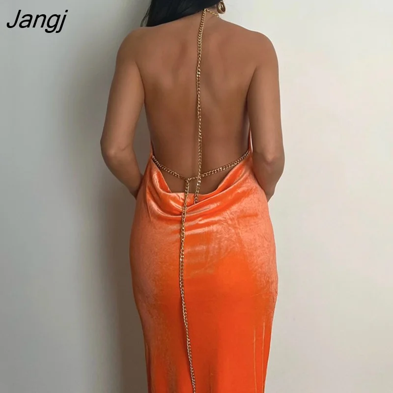 Jangj Strap Backless Long Dresses For Women Elegant Velvet Party Dress Cowl Neck Halter Draped Bodycon Dress Sexy