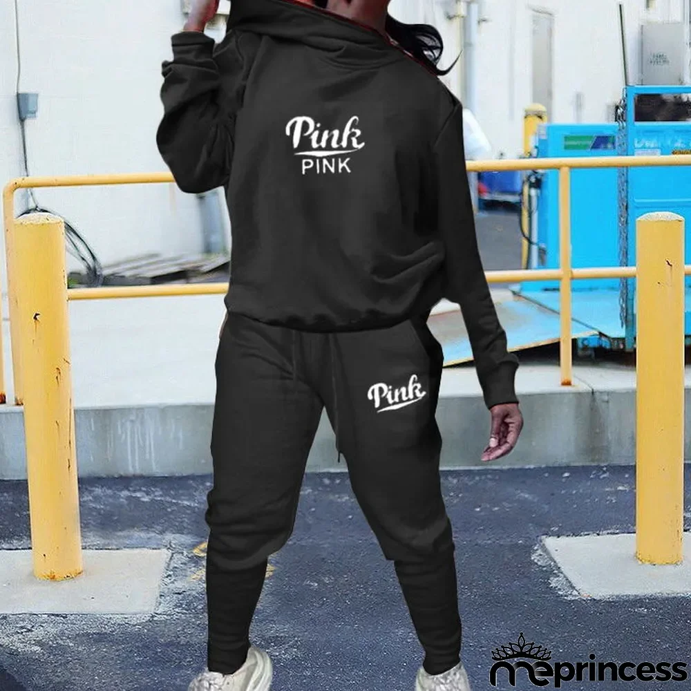 Plus Size Pink Letter Print Casual Two Piece Pants Set