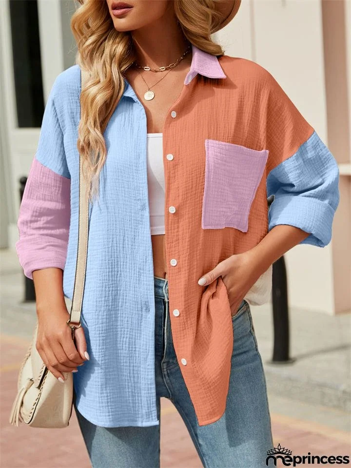 Vibrant Women's Contrast Color Lapel Long Sleeve Button Down Shirt