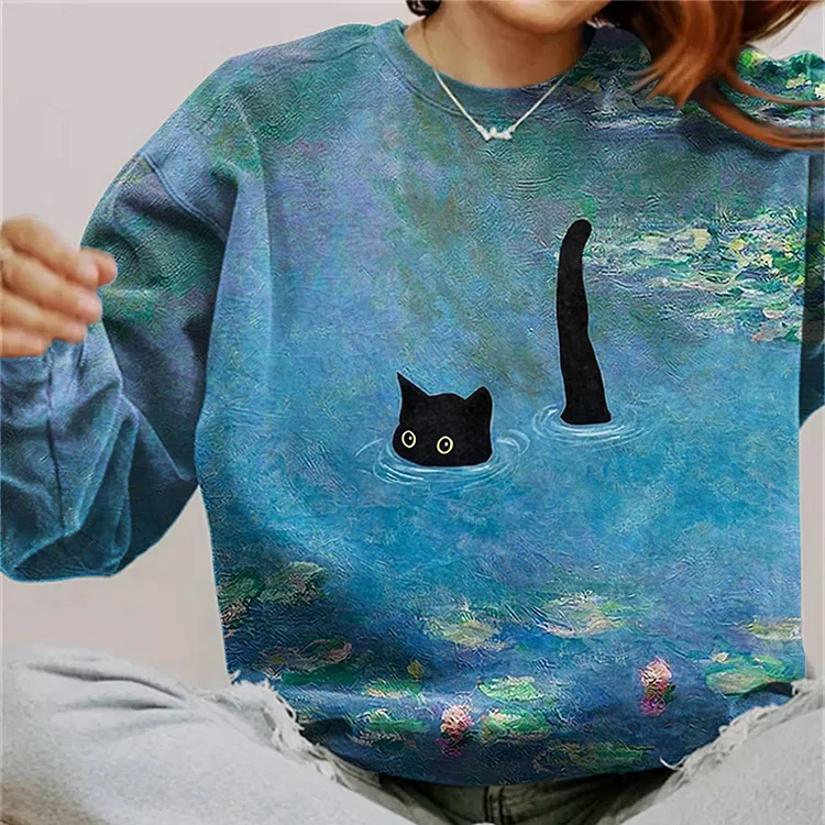 VChics Women‘s Cat And Lotus Round Neck Casual Sweatshirt