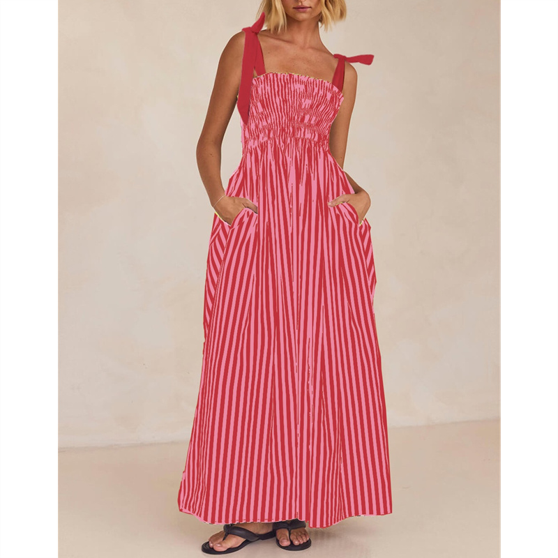 Striped Dress Women Summer Tie Shoulder Square Collar Sleeveless A Line Long Dresses with Pockets Beach Party Dresses