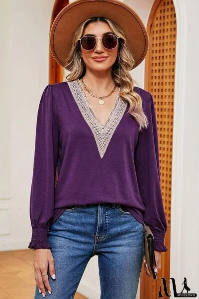 MidiSono - Lace Detail V-Neck Lantern Sleeve T-Shirt