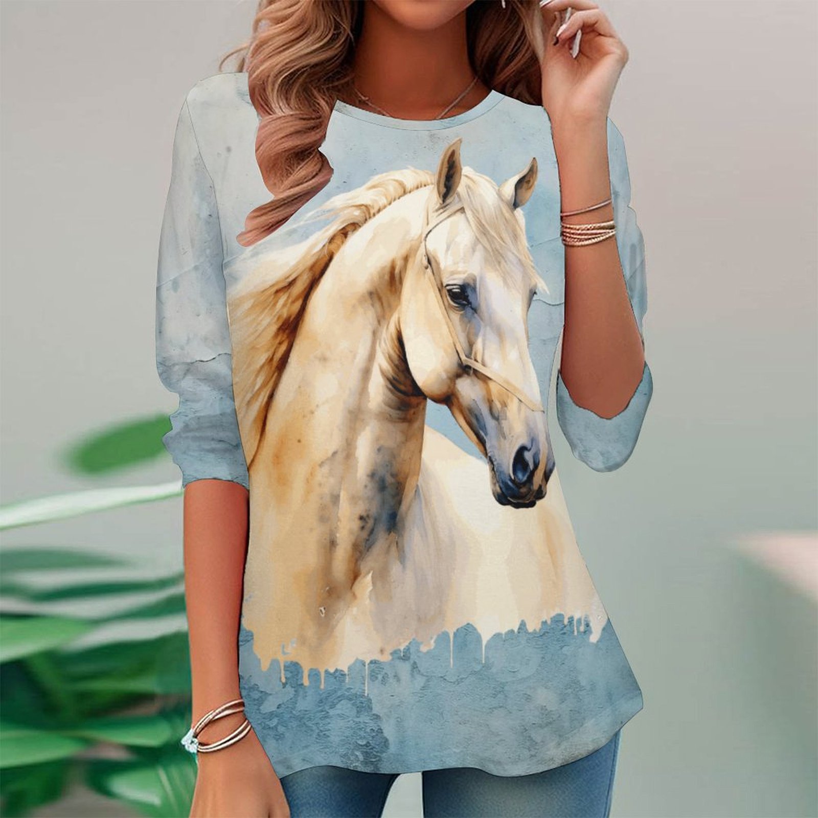 Women Long Sleeve V-neck Graphic Floral Printed Top