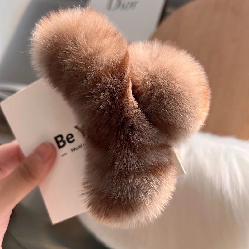 Large Real Rex Rabbit Fur Back Head Clip Net Red Oversized Fur Hairpin Cute Plush Headdress Hair Grip Hair Accessories Winter