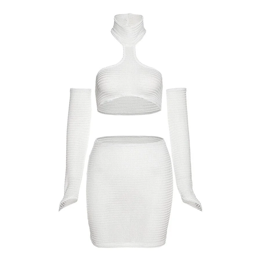 Yiallen Summer Sexy 3Piece Set Womens Outfit Halter Crop Tops+Mini Hip Skirt With Sleeve Girl Mathching Elegant Special Clothing