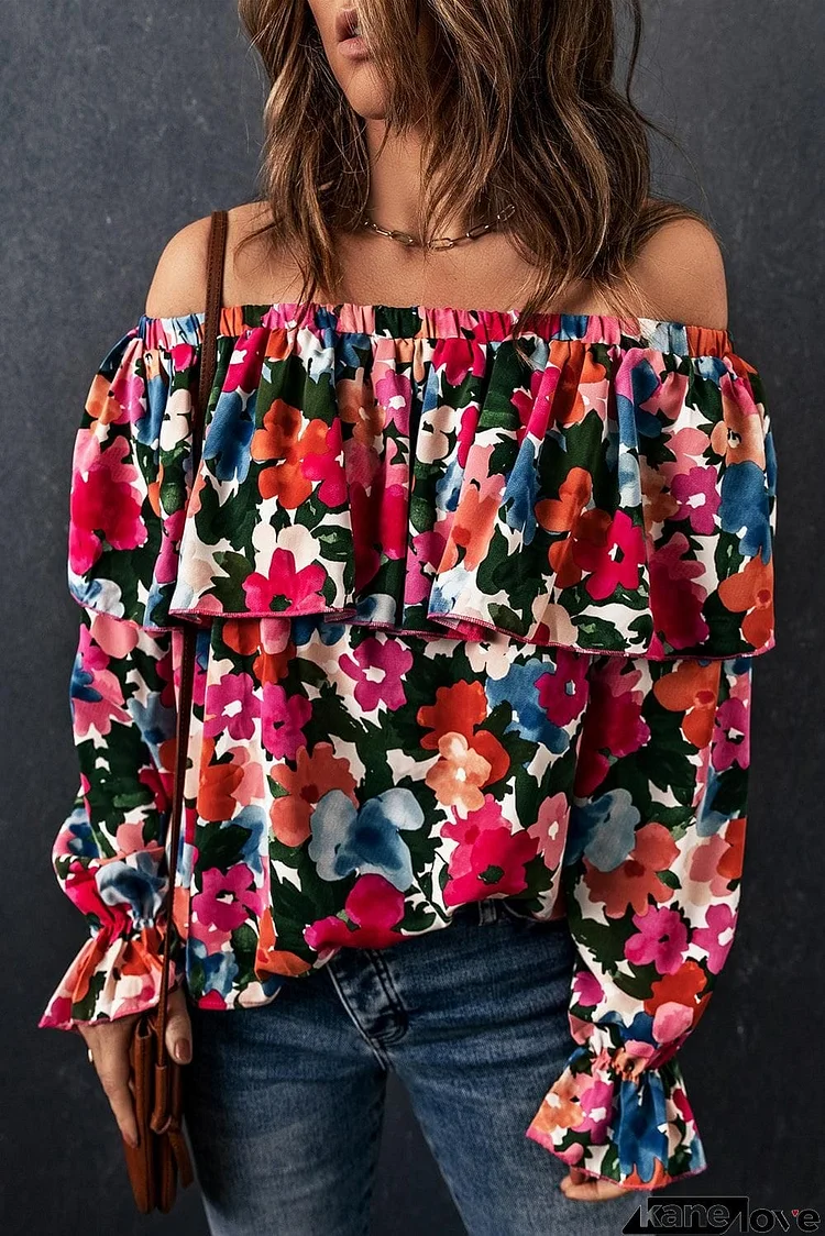 Floral Off-Shoulder Flounce Sleeve Layered Blouse