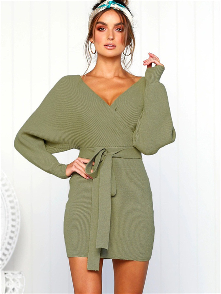 Solid Sexy Lace-up V-neck Wrapped Hip Long-sleeved Dress