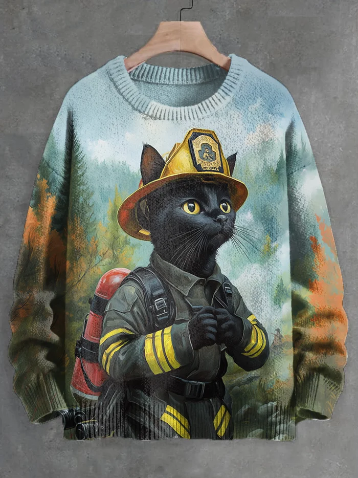 Men's Firefighter Black Cat Art Print Knit Sweatshirt