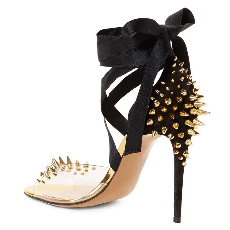 Black Strappy Clear Gold Rivets Stiletto Heel Sandals Vdcoo