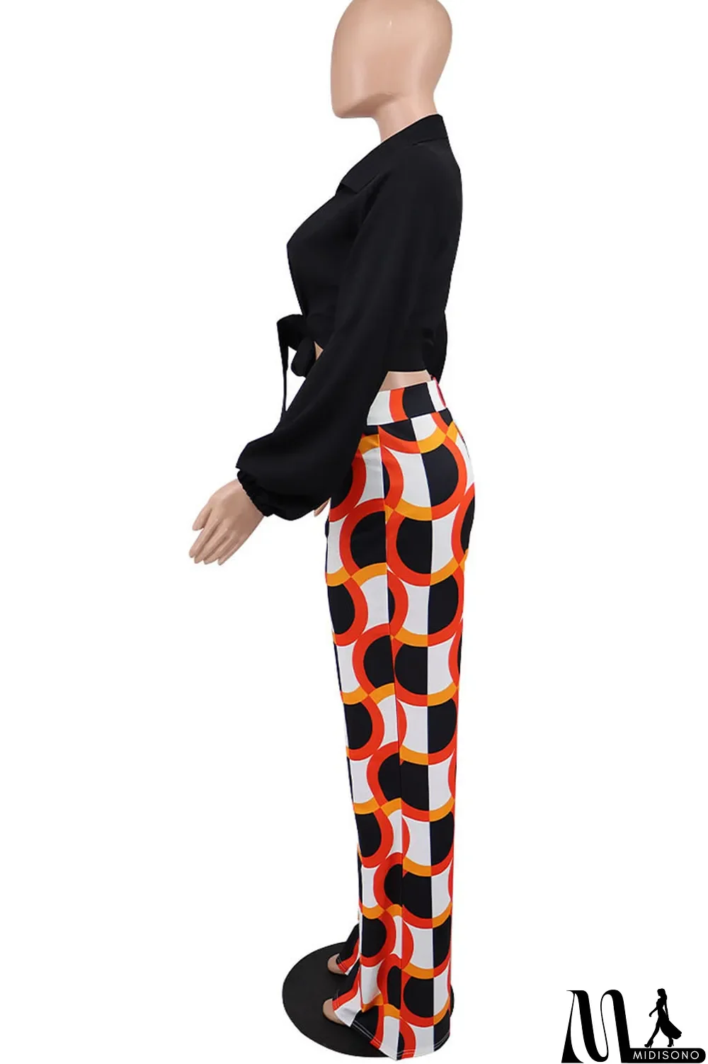 MidiSono - Black Casual Print Bandage Split Joint V Neck Long Sleeve Two Pieces