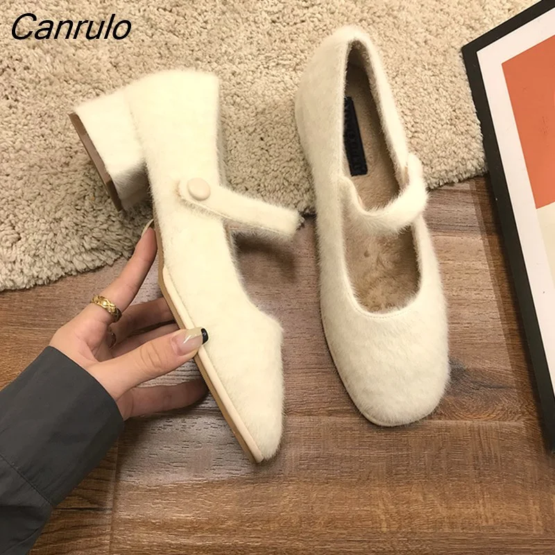 Canrulo Mary Janes Shoes 2023 Sprig New Heel Women Round Toe Buckle Strap Square Heel Female Lolita Pumps Shoes