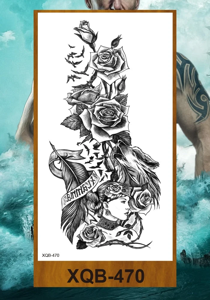 Temporary Tattoos Stickers Beauty & Snake Bear Owl Fox Mermaid Egypt Queen Sexy Men Women Girl Flower Arm Body Chest Fake Tatoo