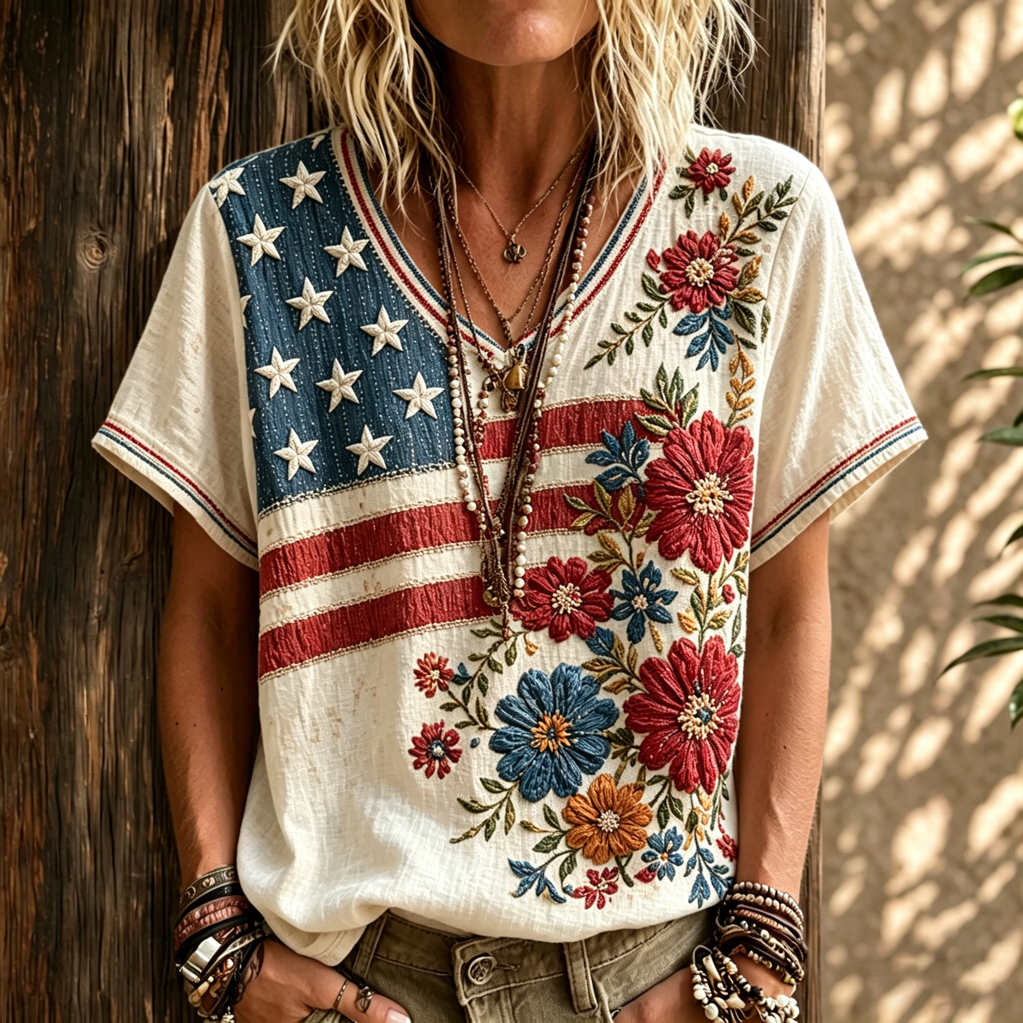  Women's Flag Floral Art Cotton Linen T-shirt Westsshops