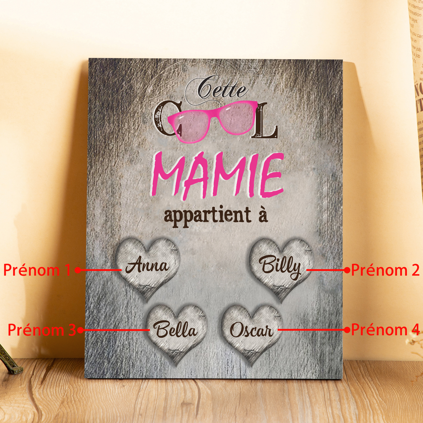 À ma Mamie - Cadre en Bois 4 Prénoms Personnalisés cadeau pour Mamie