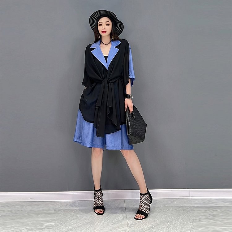 Casual Lapel Patchwork Back Print Single Breasted Short Sleeve Blazer And Shorts Two Piece Sets