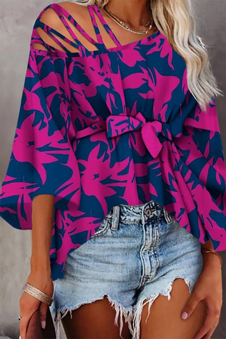 Plus Size Rose Casual One Shoulder Bell Sleeve Top Blouses [Pre-Order]