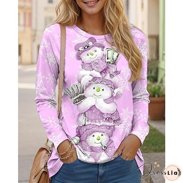 Women's Pink Vintage Snowman Print Round Neck Long Sleeve Top