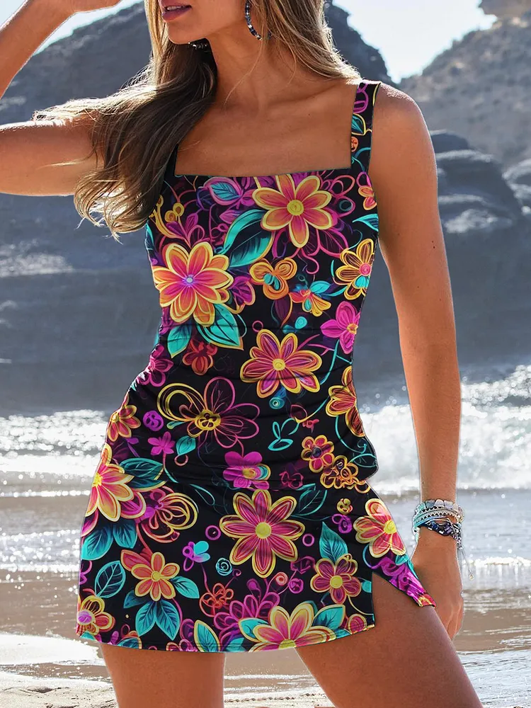 Women Square Neck Sleeveless Print Tankini Set