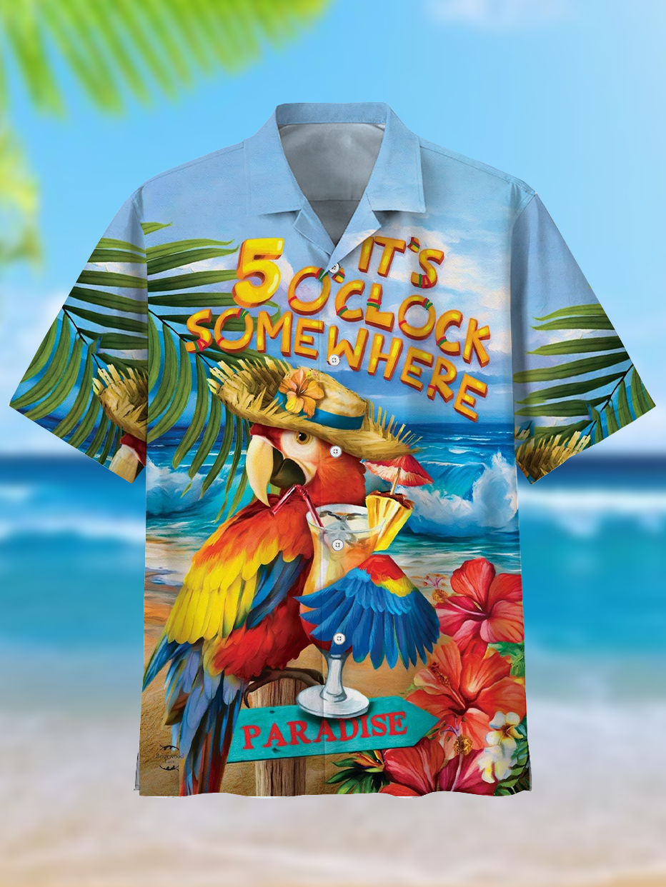 Men's Comfortable Hawaiian Vacation Seaside Drink Cartoon Blue Cuban Collar Printed Shirt PLUSCLOTHESMAN