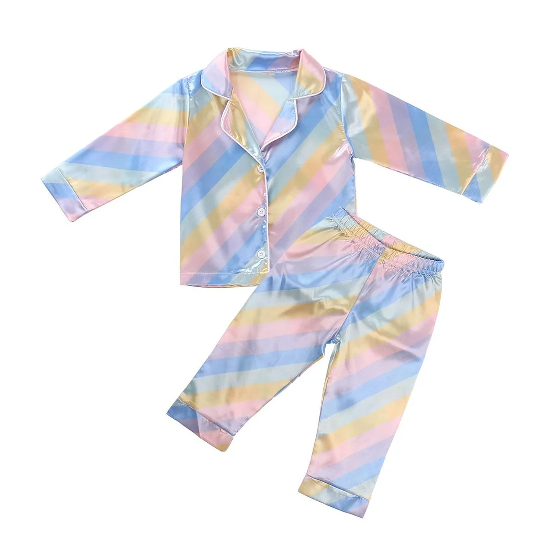 Kids Children Satin Sleepwear Baby Pajamas Sets Boys Girls Colorful Striped Pyjamas Cotton Nightwear Clothes Children Clothing