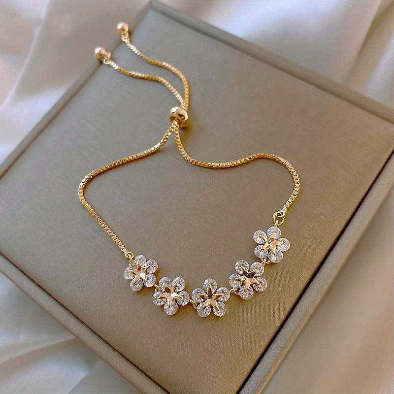 Adjustable Flower Beaded Chain Bracelet Inlaid Shiny zirconia 14K Gold Plated Copper Hand Jewelry Decor For Women & Girls