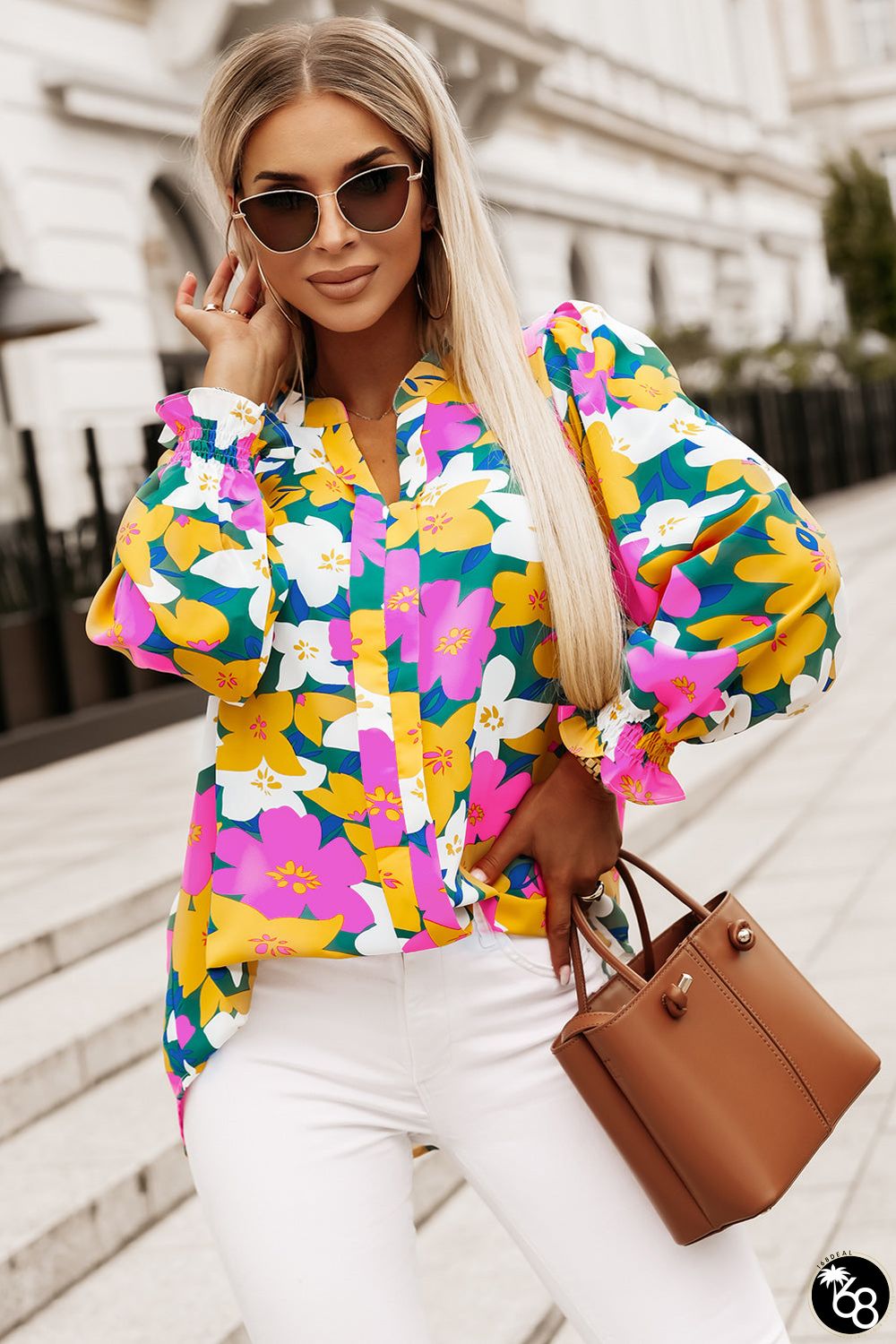 Multicolor Magenta Gold Floral V Neck Lantern Sleeve Blouse | 168DEAL