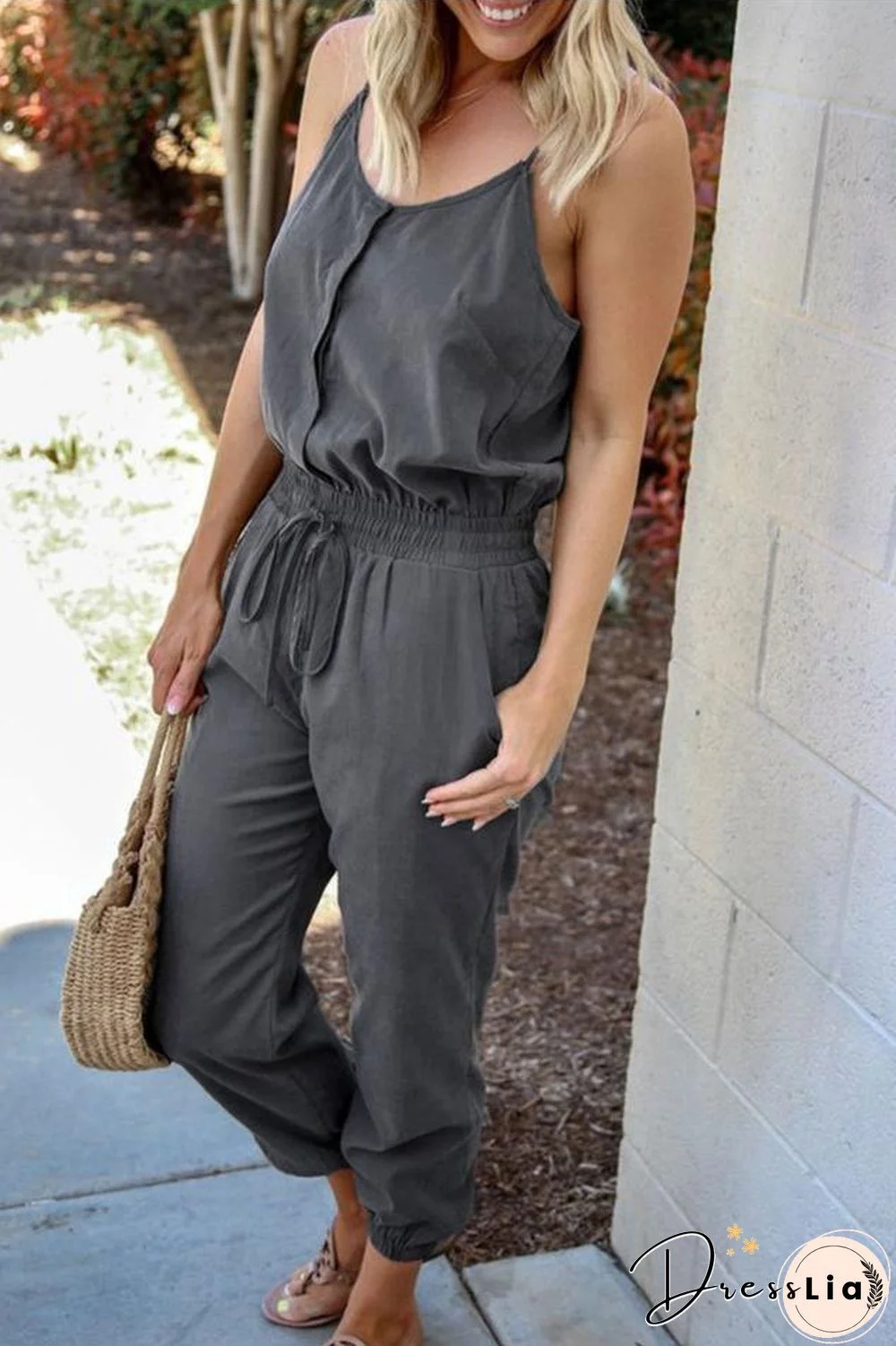 Spaghetti Straps Drawstring Waist Pocket Jumpsuit