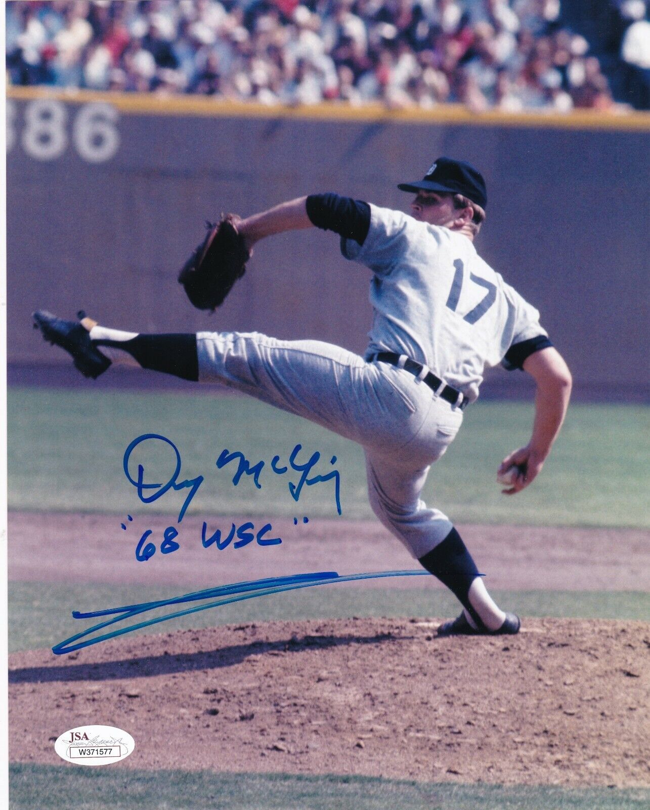 DENNY MCLAIN DETROIT TIGERS 68 WSC JSA ACTION SIGNED 8x10