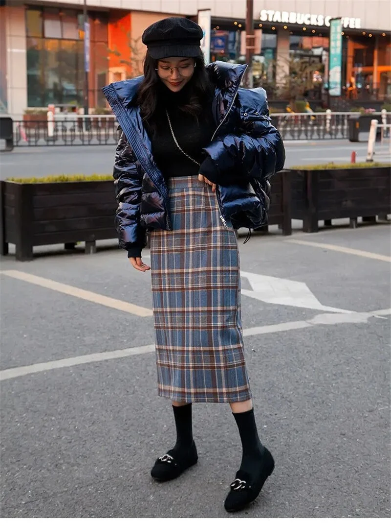NEW 2020 Real Shot Woolen Cloth Plaid Skirt Women Autumn Winter Vintage High Waist Hem Split Slim Long Package Hip Skirts KW334