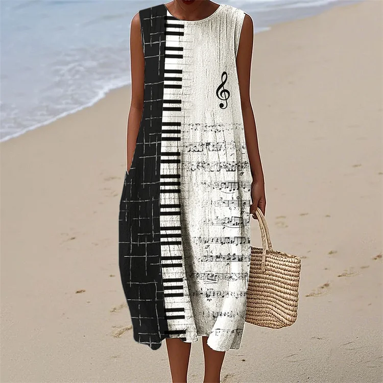 Simpfit Von Musiknoten und Klavier inspiriertes, kontrastierendes, fließendes Leinenkleid