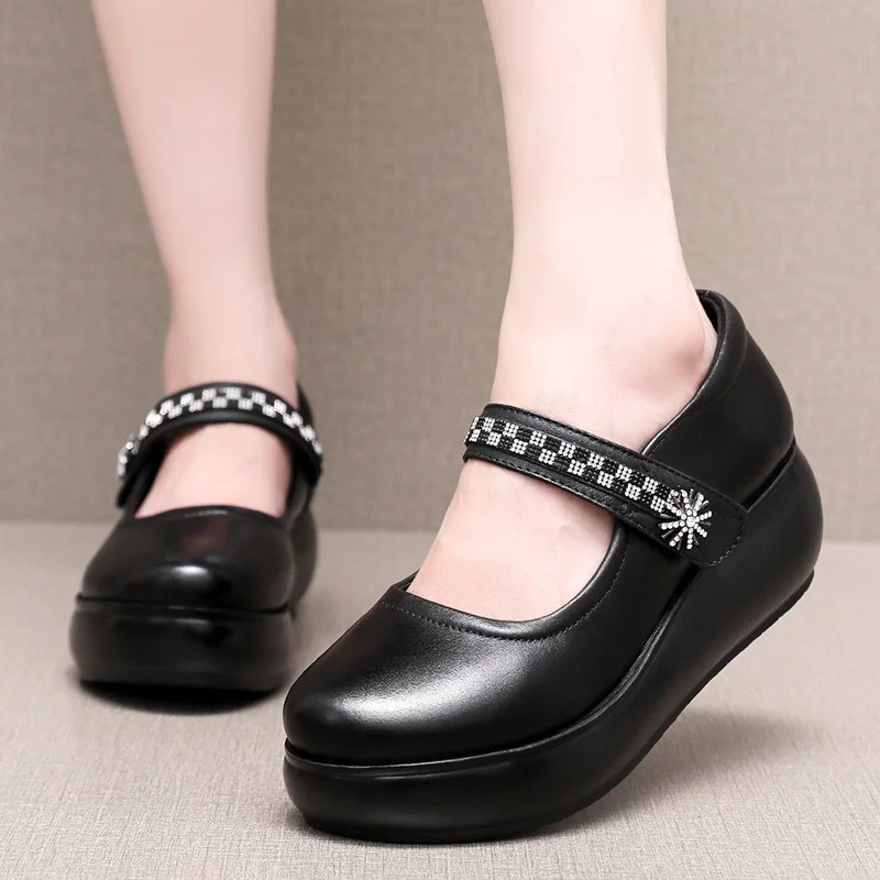 Breakj Breakj Red Heel Slope Thick-Soled Waterproof Table Shallow Mouth Single Shoe Velcro Size Size Of The Elderly Pine Cake Mother Shoes