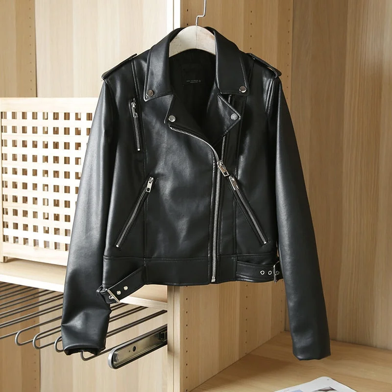 2021 Spring Autumn Women Black Faux Leather Jacket Casual Zipper With Belt Biker Coat Female Casual Solid Short Outwear