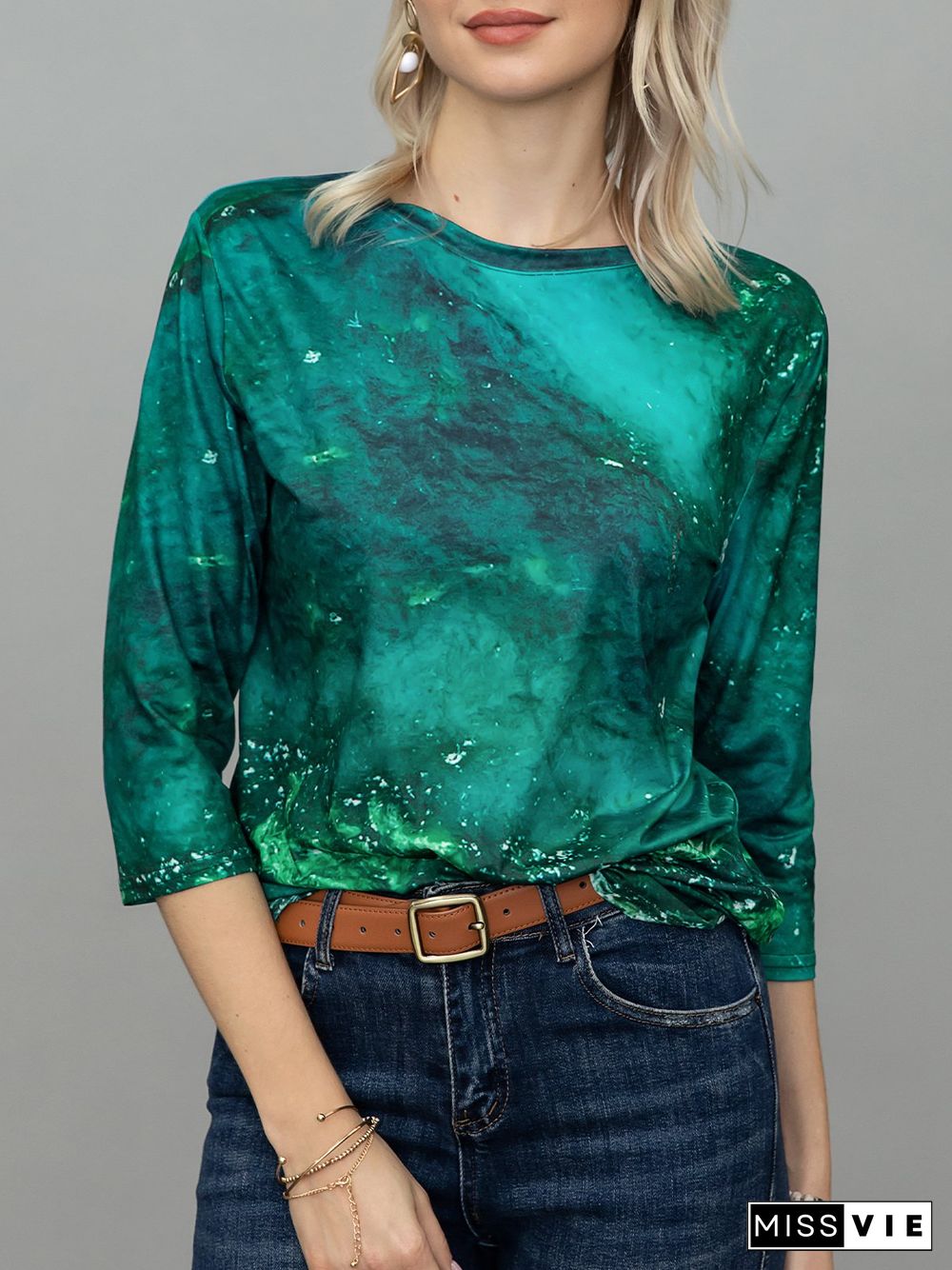 Printed Long Sleeve Crew Neck Casual T-shirt
