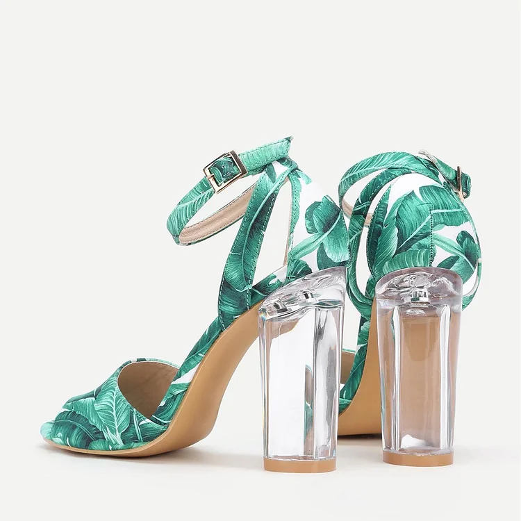 Green Floral Peep Toe Ankle Strap transparent Chunky Heel Sandals