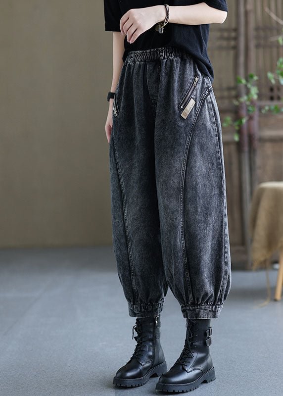 vintage Black elastic waist Pockets denim Pants Spring- Fabulory
