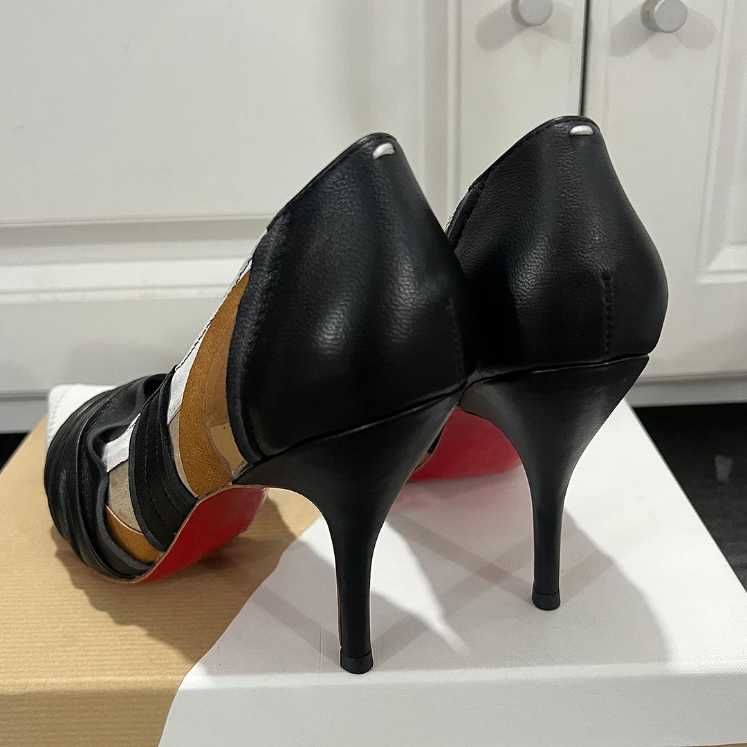 100mm Women's Pointed stilettos Splicing High Heels Red Bottom Shoes Genuine Leather -MERUMOTE