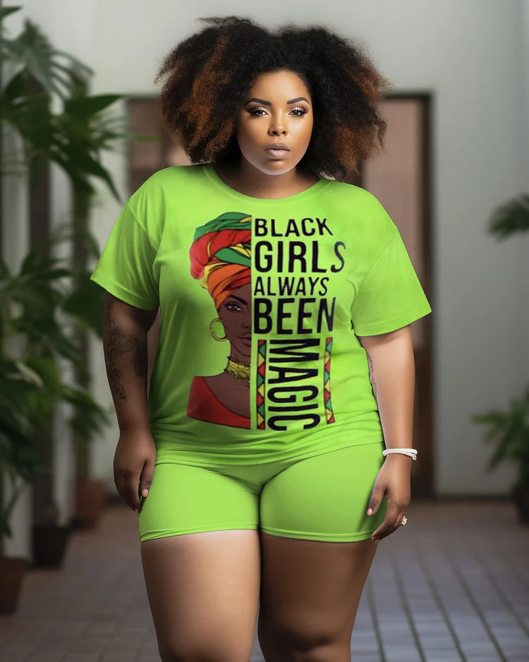 Women's Large Size Retro Casual Black Girls Graffiti Short Sleeve Shorts Suit