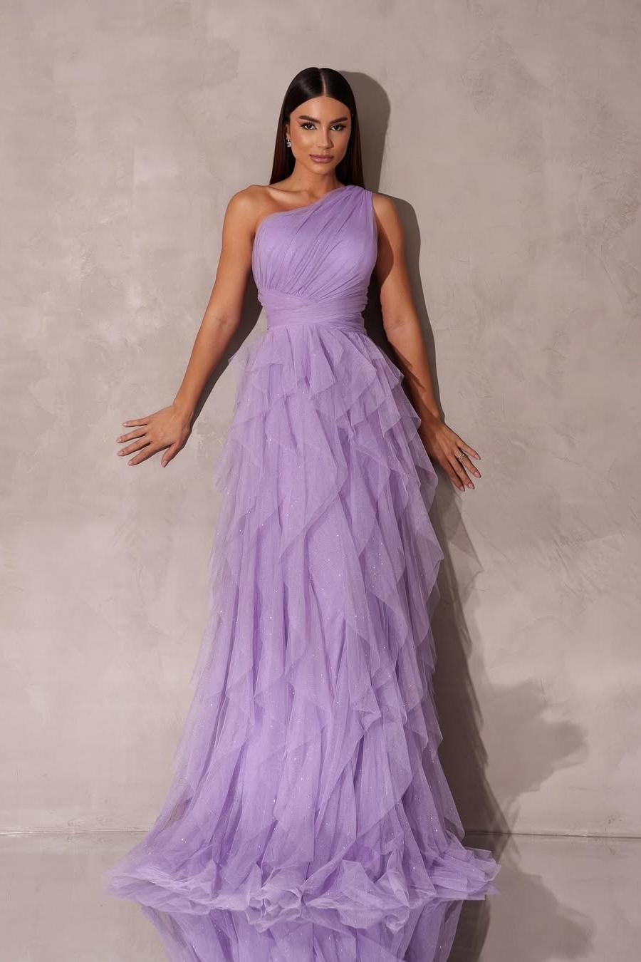 Lvs&Broner Chic One Shoulder Sleeveless Long Prom Dress With Tulle Ruffle