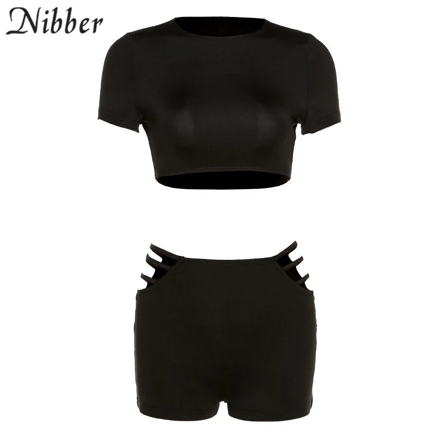 Nibber Summer New Two-piece Shorts Tight-fitting Playsuit Short-sleeved Round Neckline Open Waist Design For Women Tracksuit