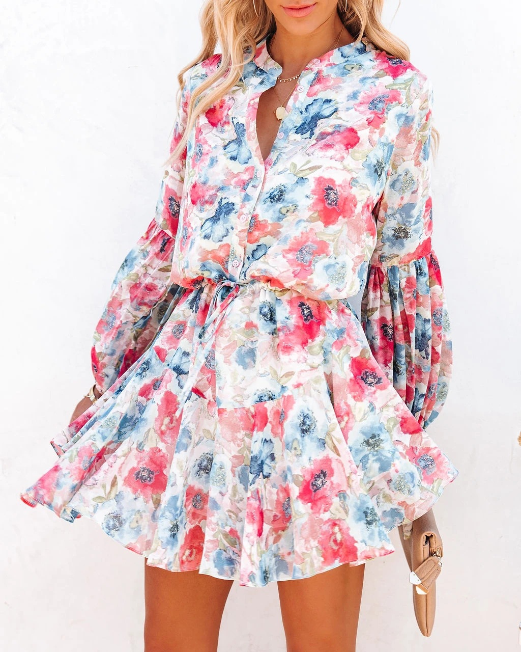 Mature Women Plaid Printed Lantern Sleeve Ruffled Hem Summer Mini Dress