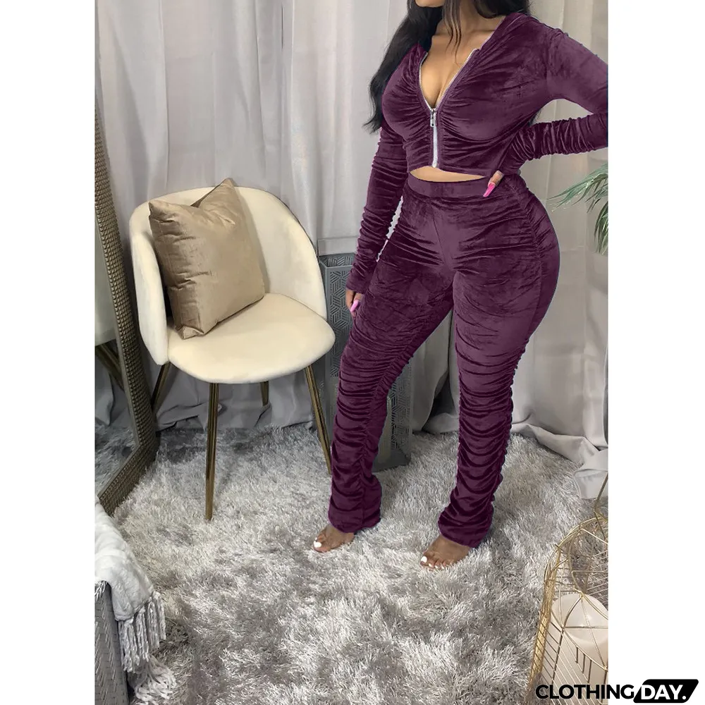 Velvet Pleated Zipper Hooded Jacket Skinny Pants Suit
