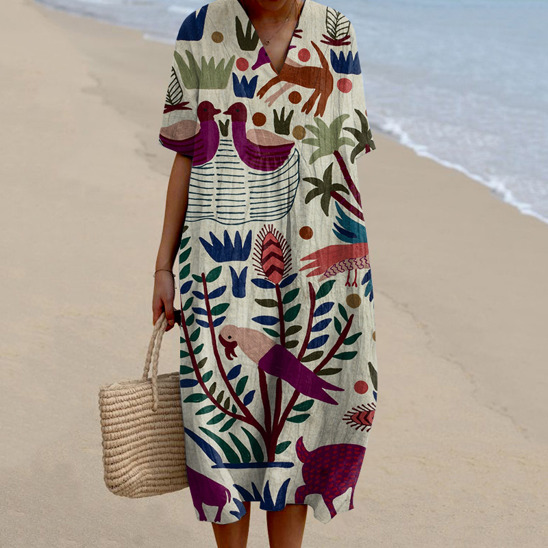 Vintage Trees And Birds Hip Hop Print Women'S Long Sleeve Dress artswardrobe