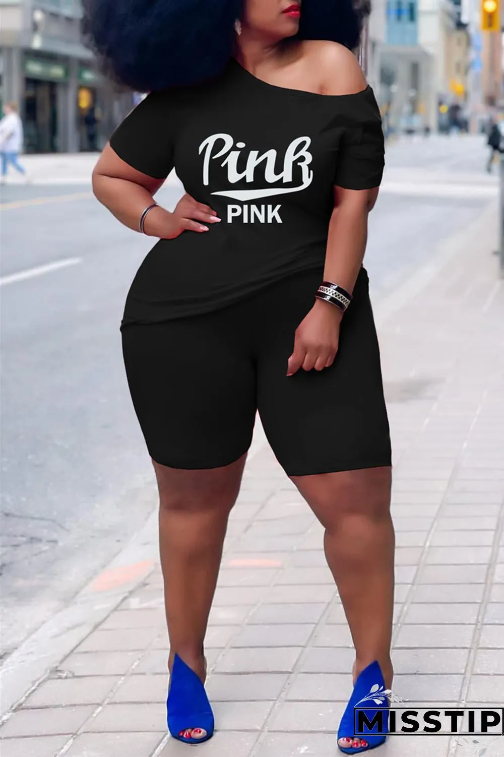 Grey Fashion Casual Letter Print Basic O Neck Plus Size Two Pieces