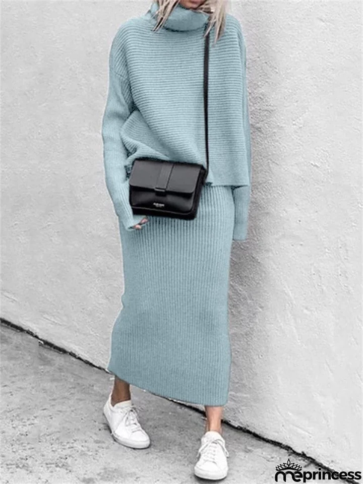 Women's Elegant Ribbed Turtleneck Sweater Skirt Knitted Sets